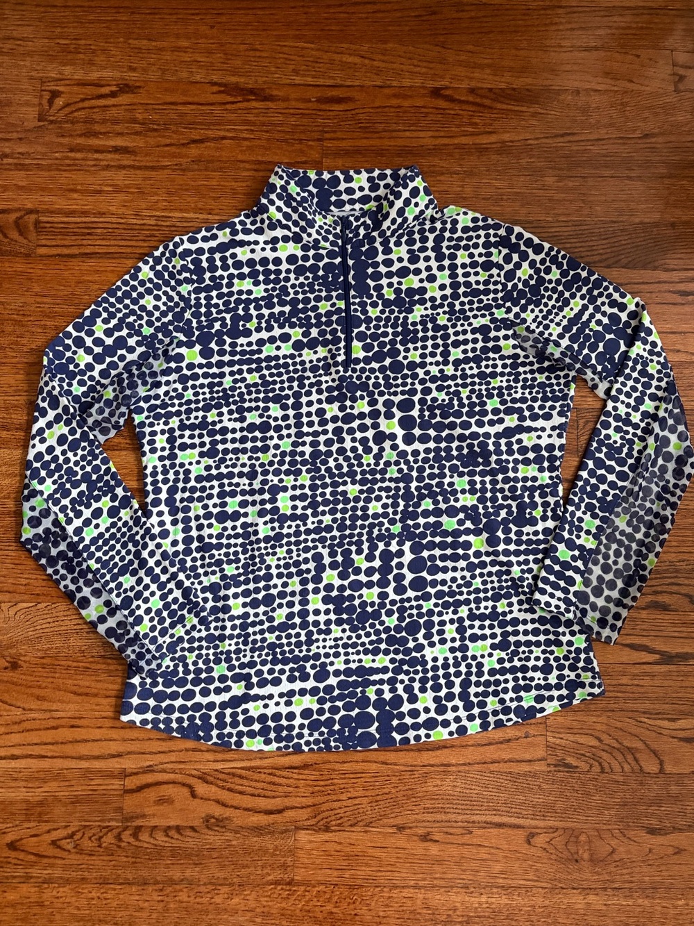 IBKUL Blue and Green Polka Dot 1/4 Zip Icefil Long Sleeve SPF 50 Size L
